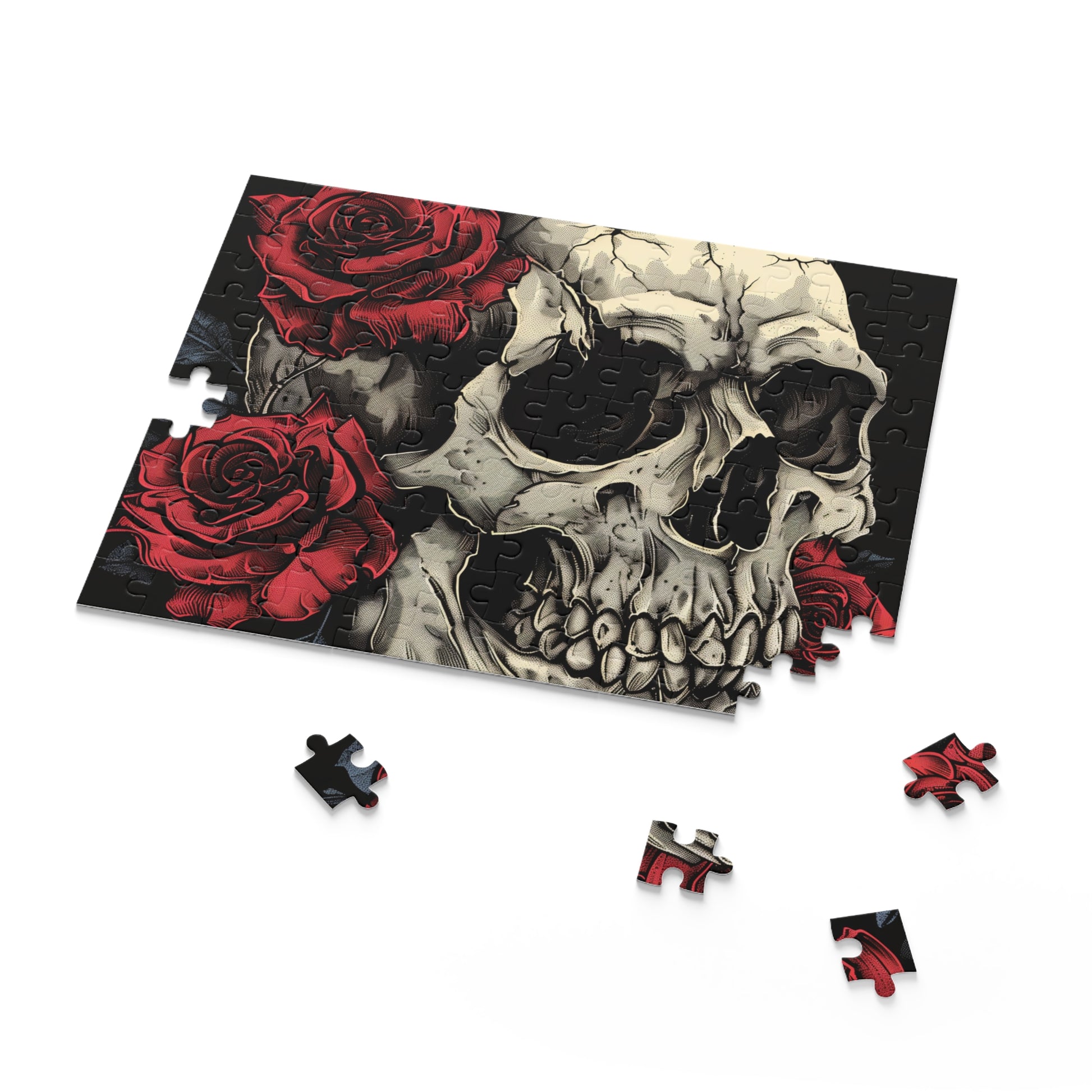 Skull and Roses Puzzle - Intricate gothic jigsaw with vibrant red roses, perfect for a spooky night in.