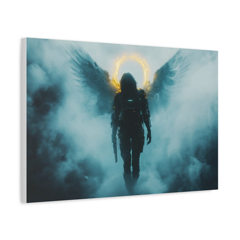 Cyberpunk Angel Walking through Fog Stretched Canvas Wall Art