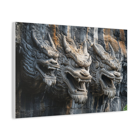 Mountain Carved with Dragon Faces — Canvas Wall Art — Side Profile & Stretched Corner Detail