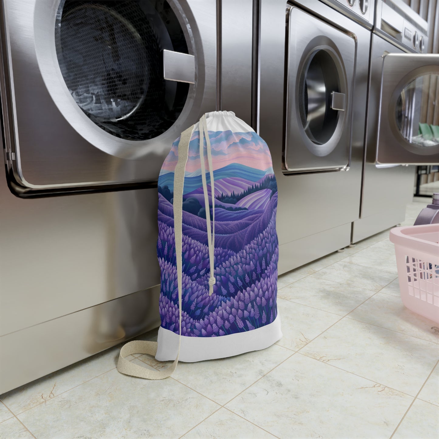 "Seamless lavender fields laundry bag for soothing laundry routine"