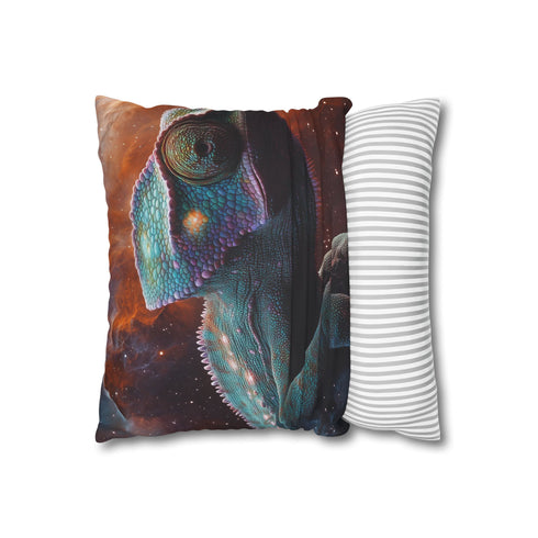 Chameleon Blending into Nebula Wall (Edition II) — 40×40 Cushion Cover — Soft Brushed Fabric Texture Close-Up