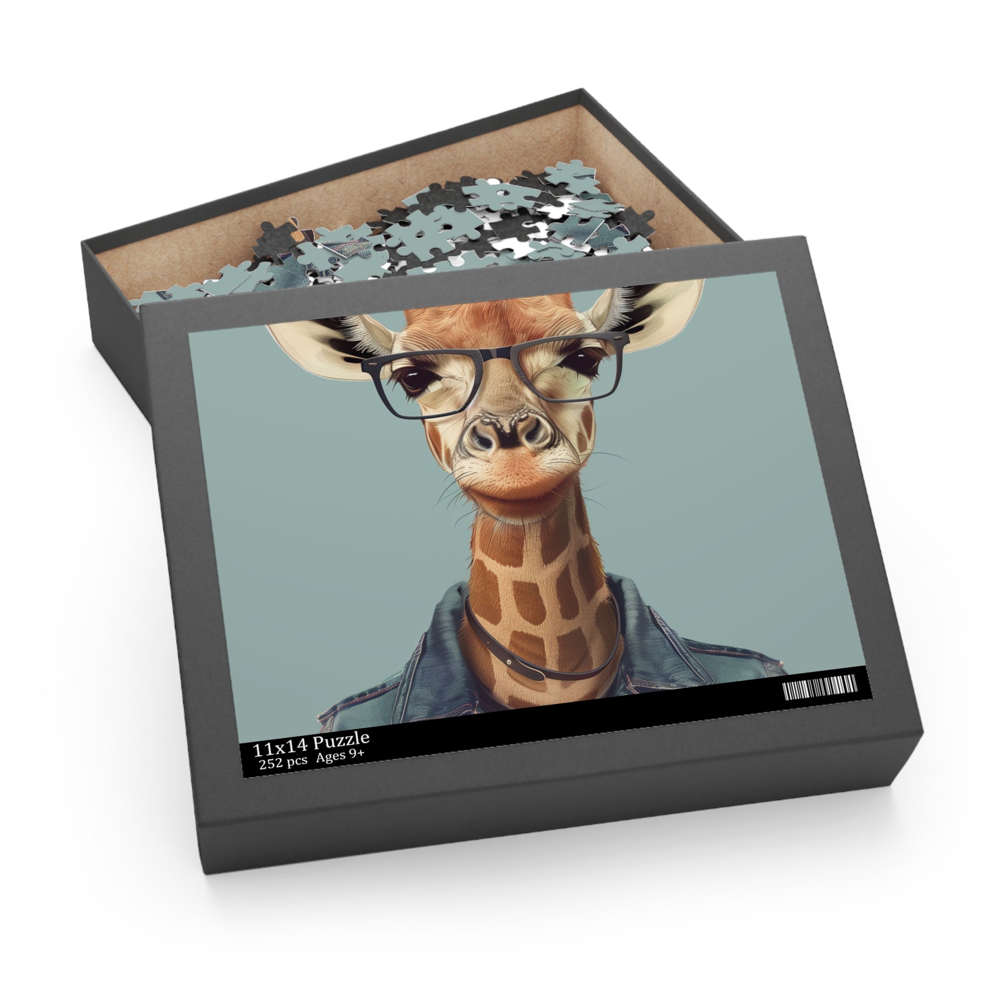 Unique Giraffe Hipster puzzle with trendy style and speckled specs, perfect for animal lovers and puzzle enthusiasts.