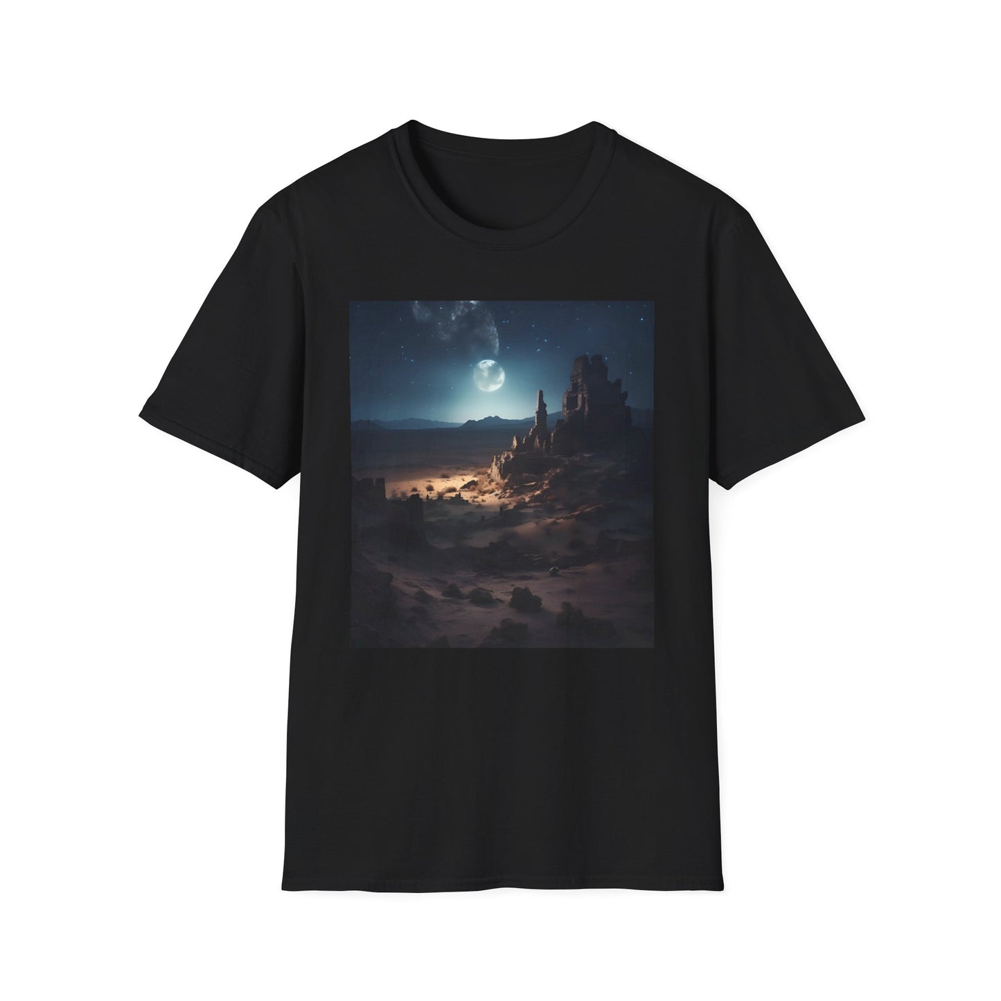 Whispers of Lost Civilizations | T-Shirt | Cosmos, Desert, Dreamy, Galaxy, Landscape, Moonlit, Mysterious, Nightsky, Ruins, Stars | Prints with Passion