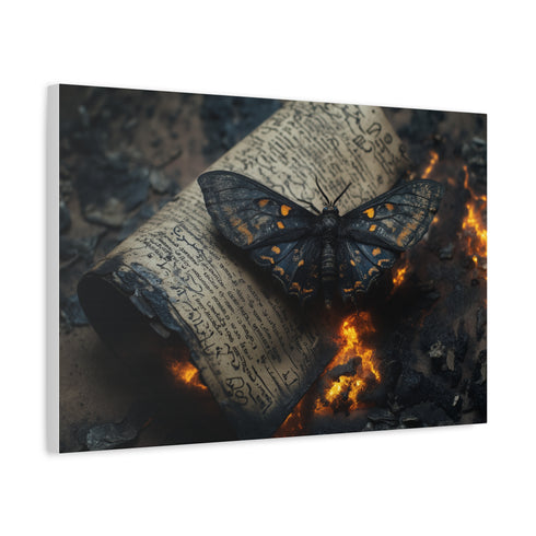 Lava Moth Resting on Burning Scroll — Canvas Wall Art — Side Profile & Stretched Corner Detail