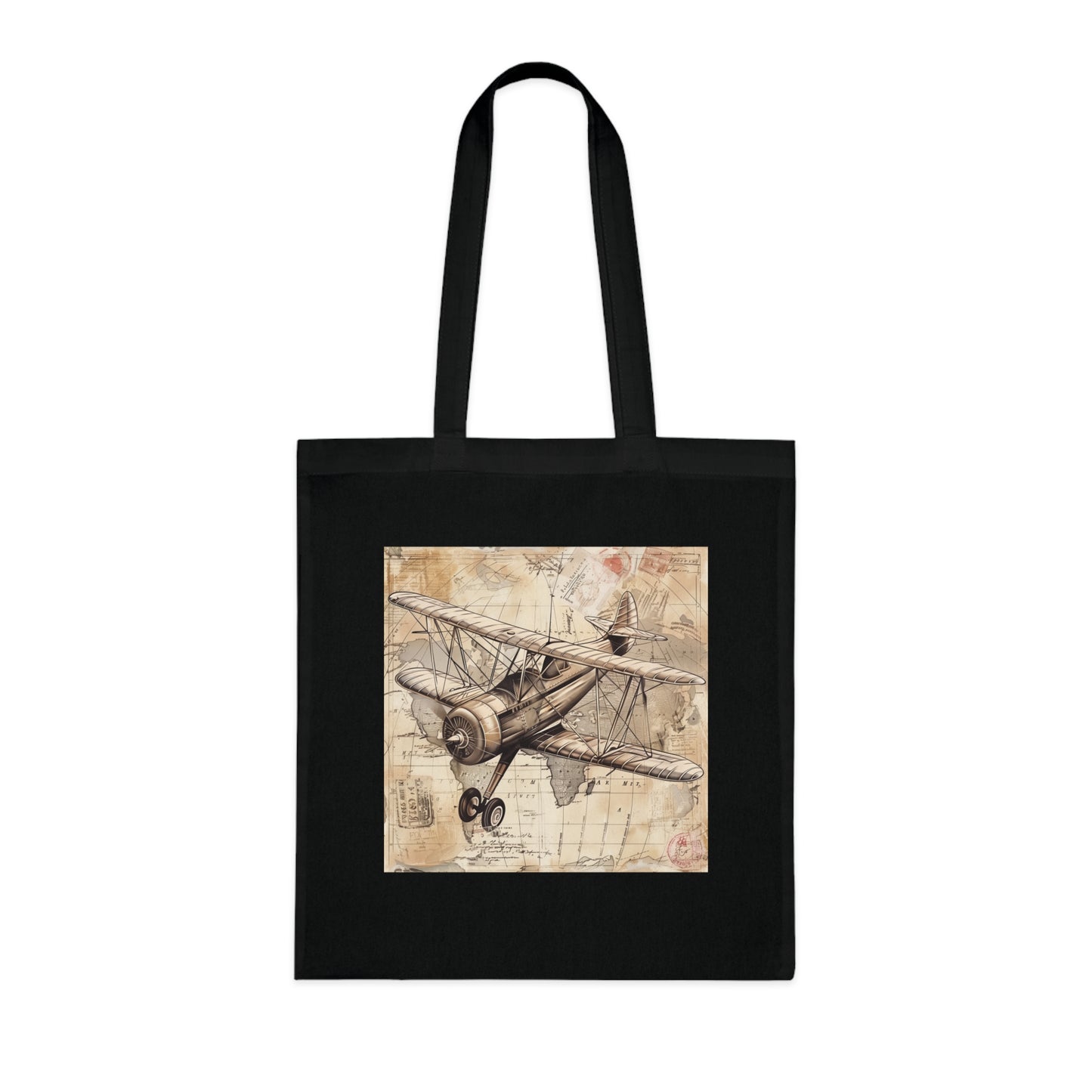 Alt text: Adventure Awaits Tote Bag featuring vintage airplane design and colorful travel stamps, perfect for all your exciting journeys. Made with high-quality material, comfortable and stylish, ideal for every season, and makes a great gift. Buy now from BenCPrints.