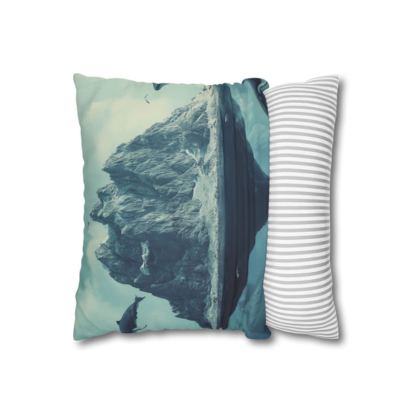 Floating Mountain Surrounded by Whales — 40×40 Cushion Cover — Sofa & Living Room Lifestyle View