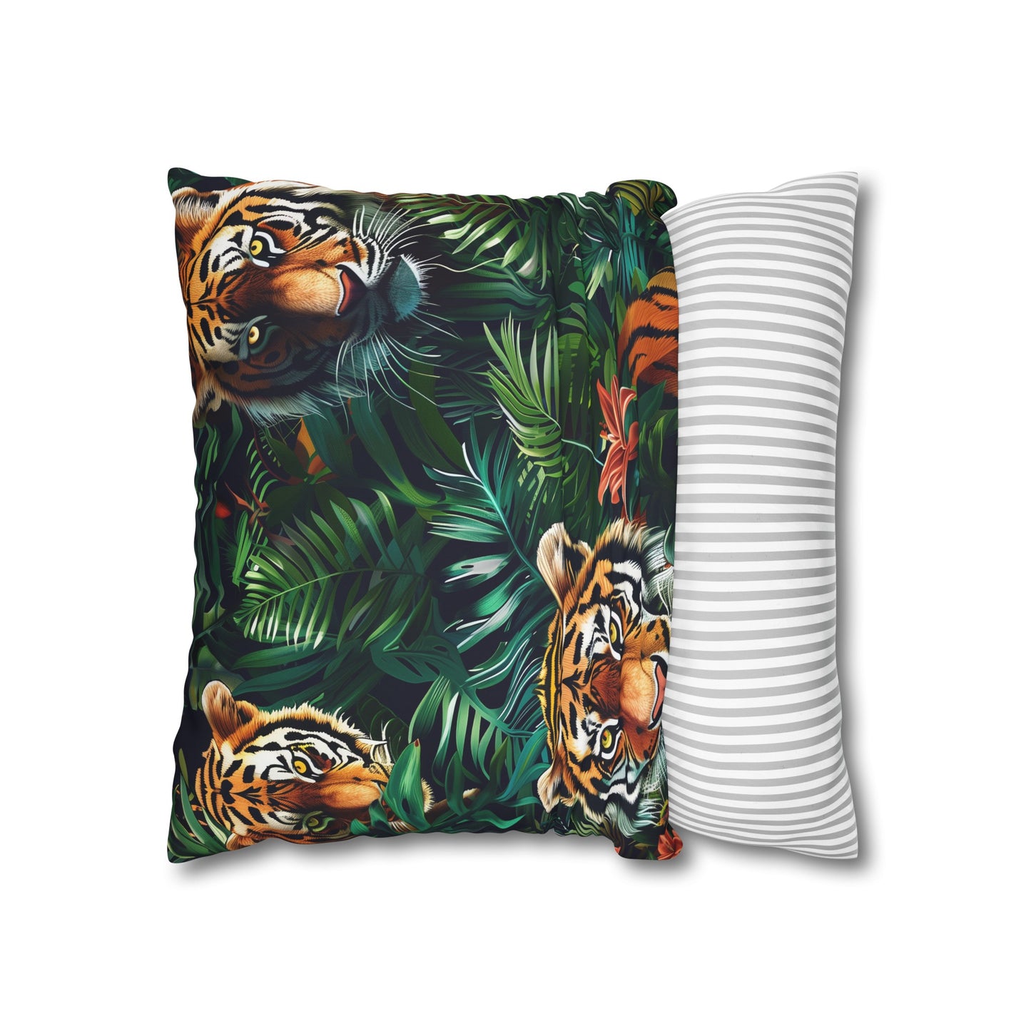 "Jungle Safari Tiger Pillow Case - Transform your bedroom with majestic tigers in lush green foliage"