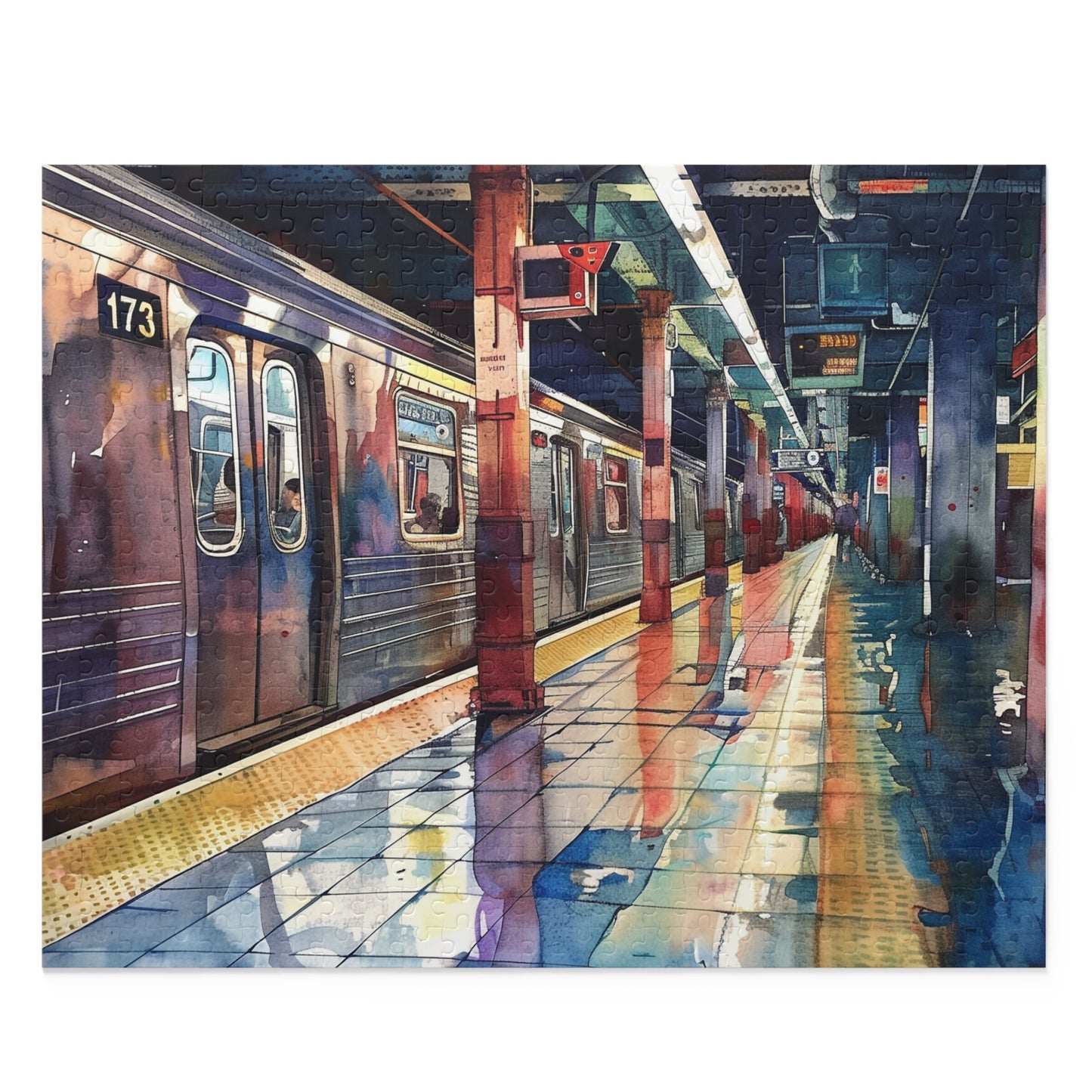 Vibrant NYC Subway Watercolor Jigsaw Puzzle - Dive into the hustle and bustle of NYC's iconic transit system!