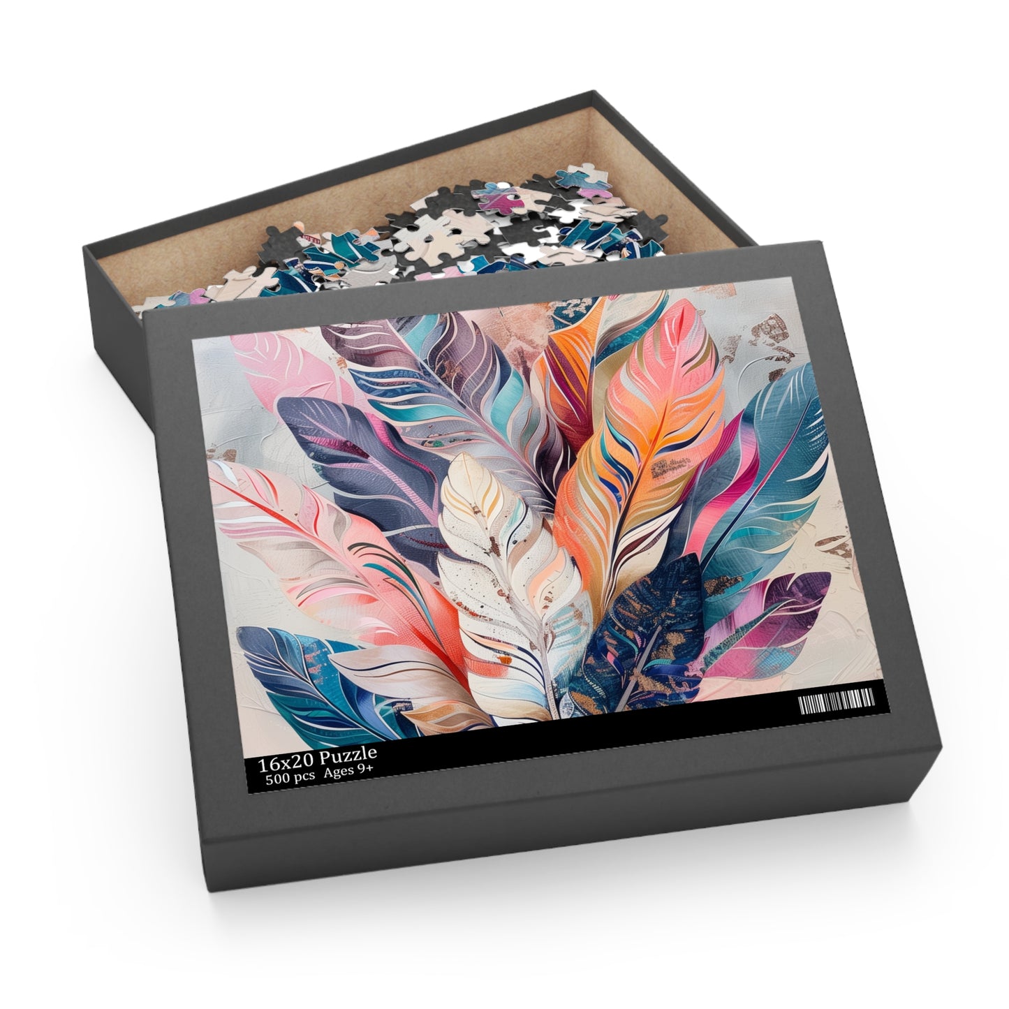 "Colorful and intricate Bohemian feathers jigsaw puzzle for hours of relaxing fun"