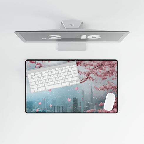 Cherry Blossoms Raining over City Skyline — XL & XXL Desk Mat — Product Detail View 8