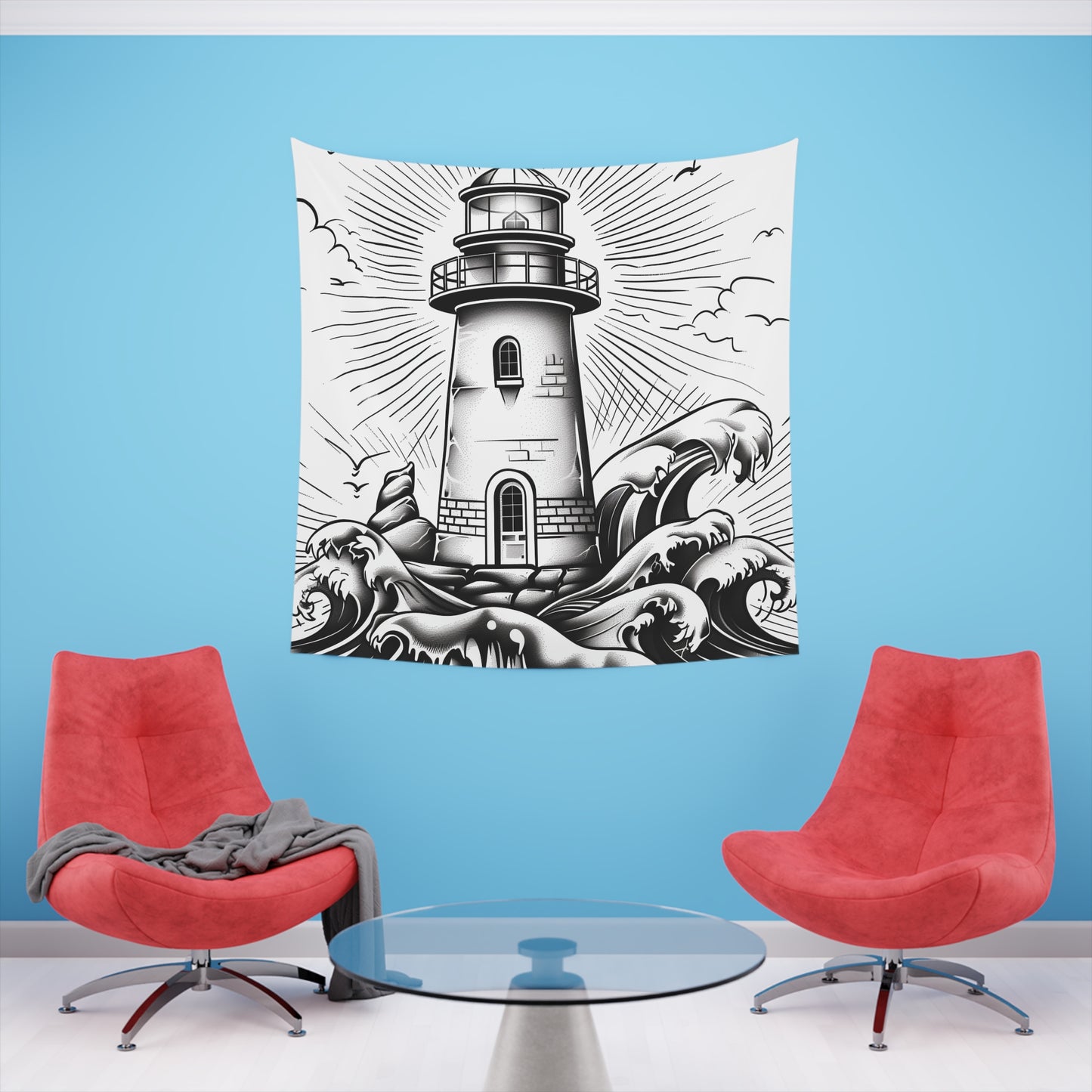 Coastal Serenity: A Lighthouse Tapestry | Wall Tapestry | All Over Print, AOP, Decor, Halloween, Home & Living, Home Decor, Indoor, Spring Essentials, Sublimation, Tapestry | Prints with Passion