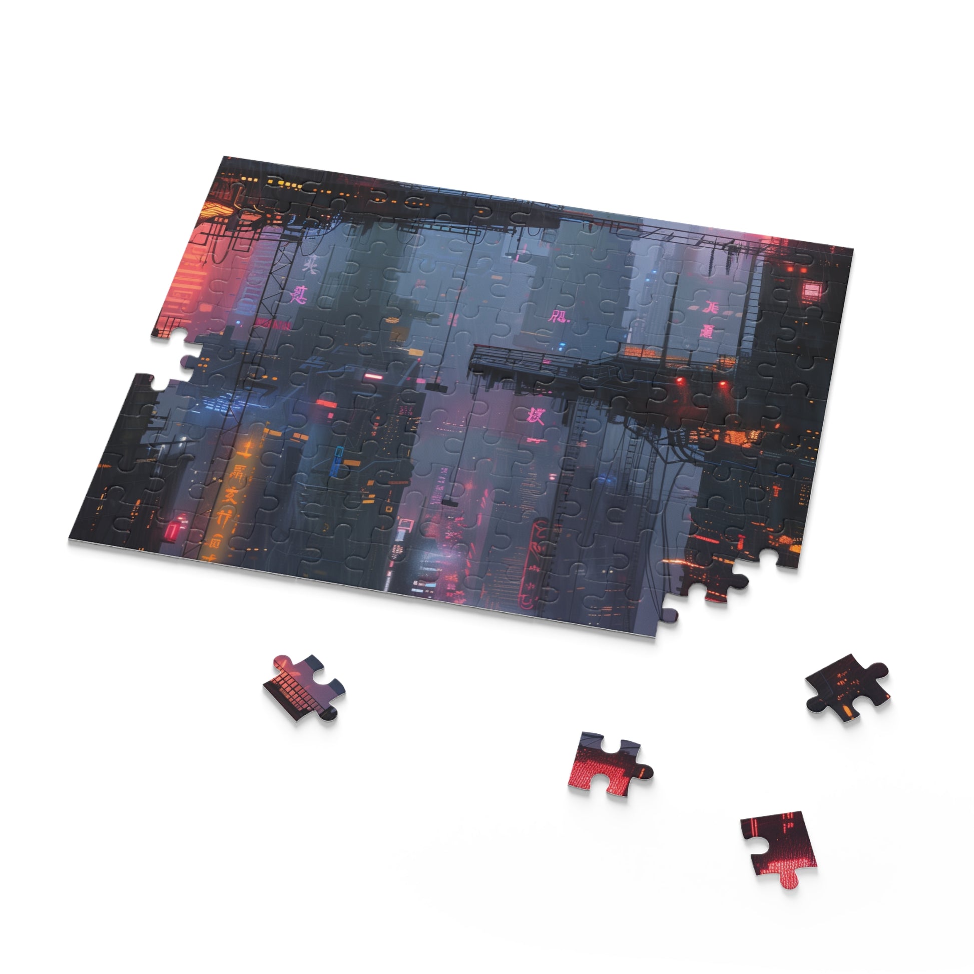 "Challenging Cyberpunk City jigsaw puzzle with neon-lit streets and skyscrapers"