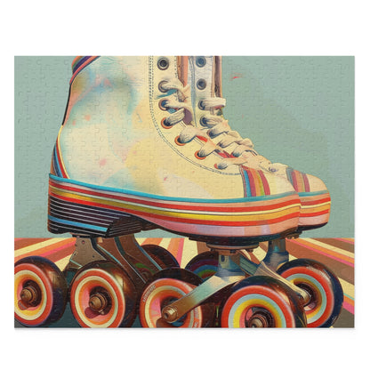 "Retro roller skates jigsaw puzzle with colorful stripes, perfect for nostalgia lovers"