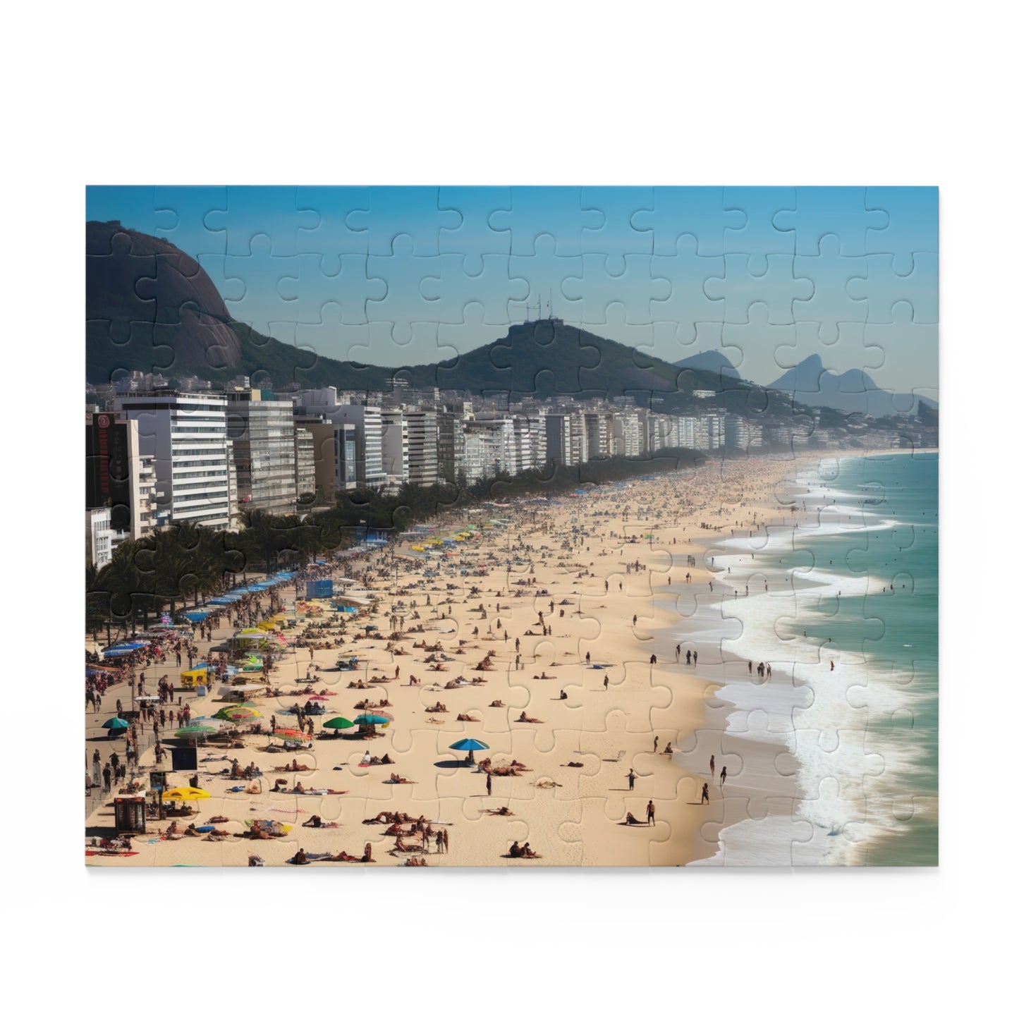 "Rio Beach jigsaw puzzle with palm trees, blue skies, and crystal clear waters for ultimate relaxation"