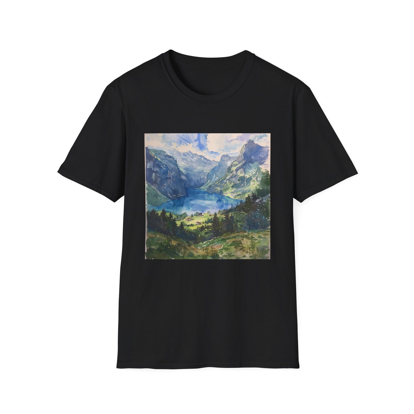 Majestic Peaks in Watercolor: The Swiss Alps T-shirt | T-Shirt | DTG, Men's Clothing, Regular fit, T-Shirts, Unisex, Women's Clothing | Prints with Passion