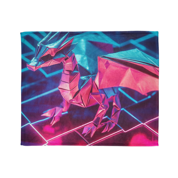 Origami Dragon over a Neon Grid — Plush Fleece Throw Blanket — Draped Over Sofa & Bed Lifestyle View
