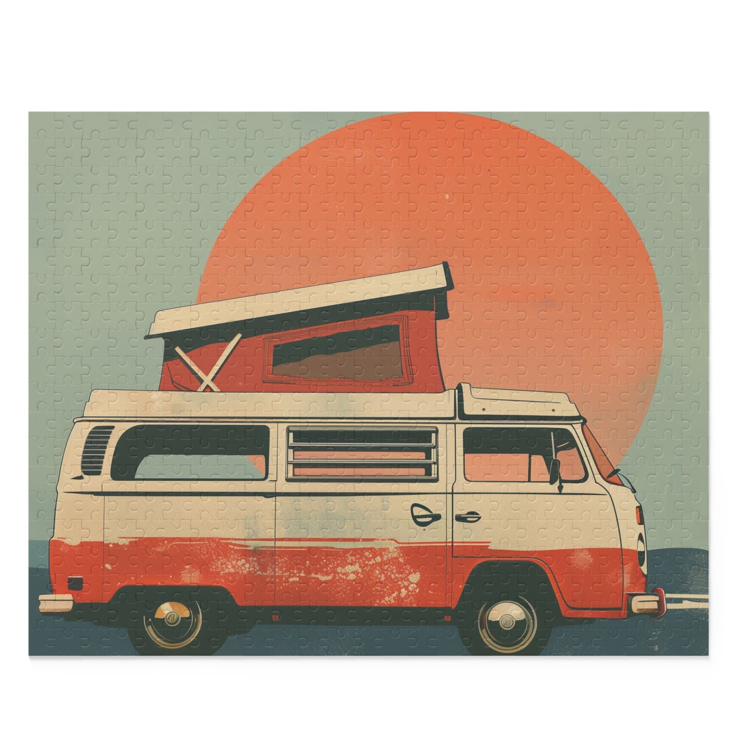 1000-piece Retro Camper Van Sunset Puzzle for retro and travel enthusiasts, vibrant sunset backdrop