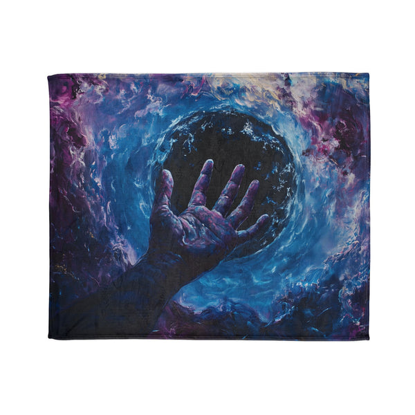 Cosmic Hand Reaching from Black Hole — Plush Fleece Throw Blanket — Draped Over Sofa & Bed Lifestyle View