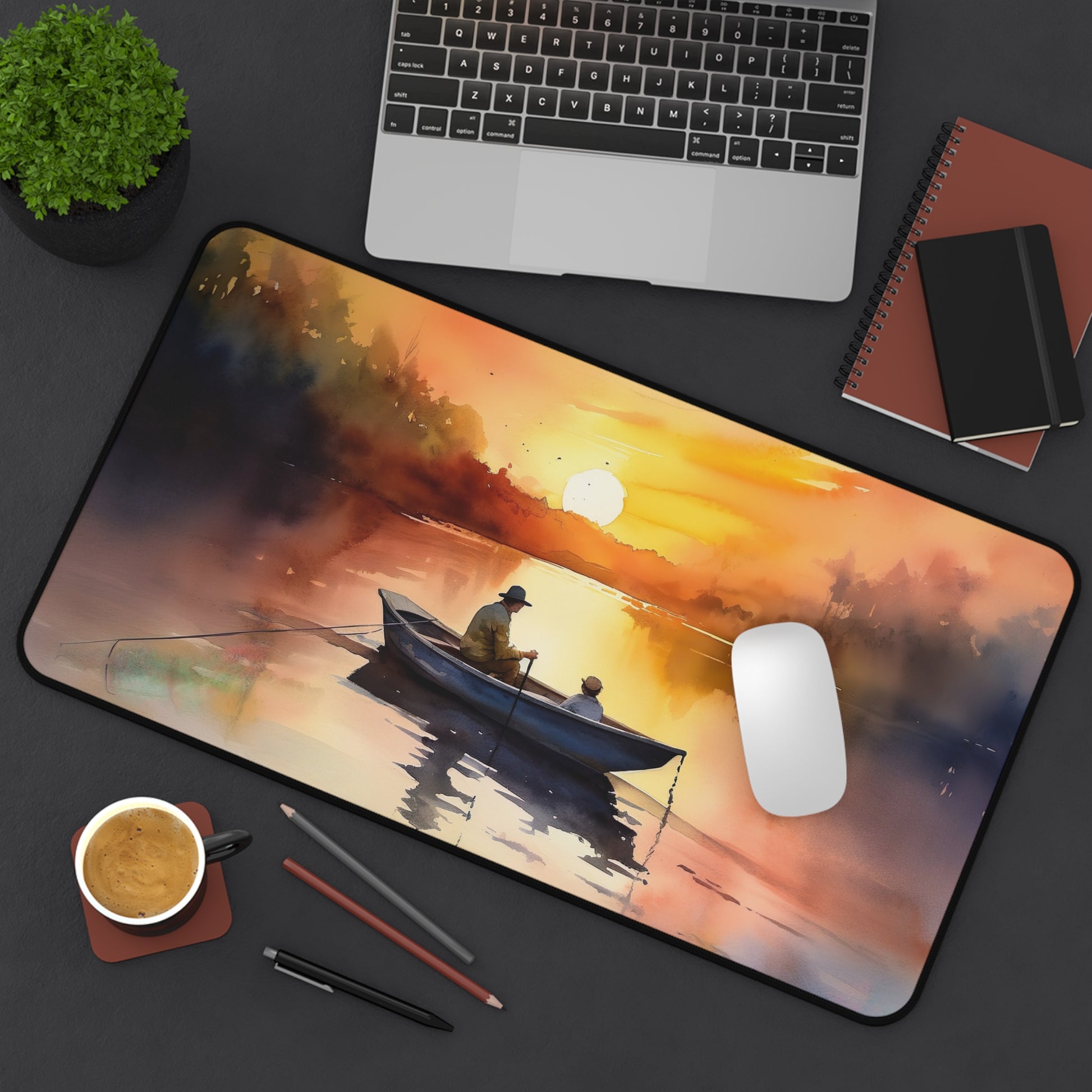 "Fisherman Sunset Desk Mat - Bring peaceful fishing vibes to your workspace with vibrant sunset design"