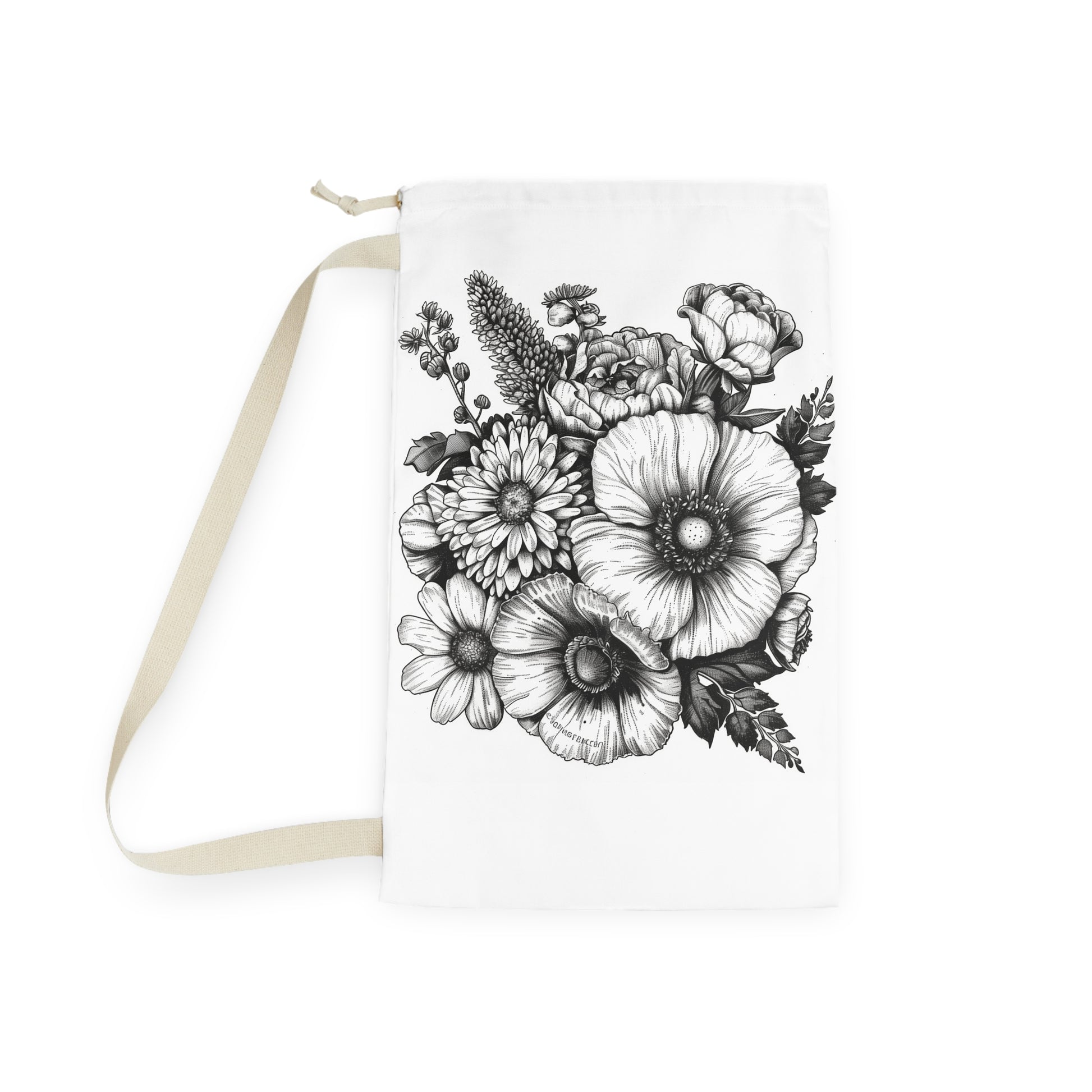 "Hand-drawn floral laundry bag for stylish organization on laundry day"