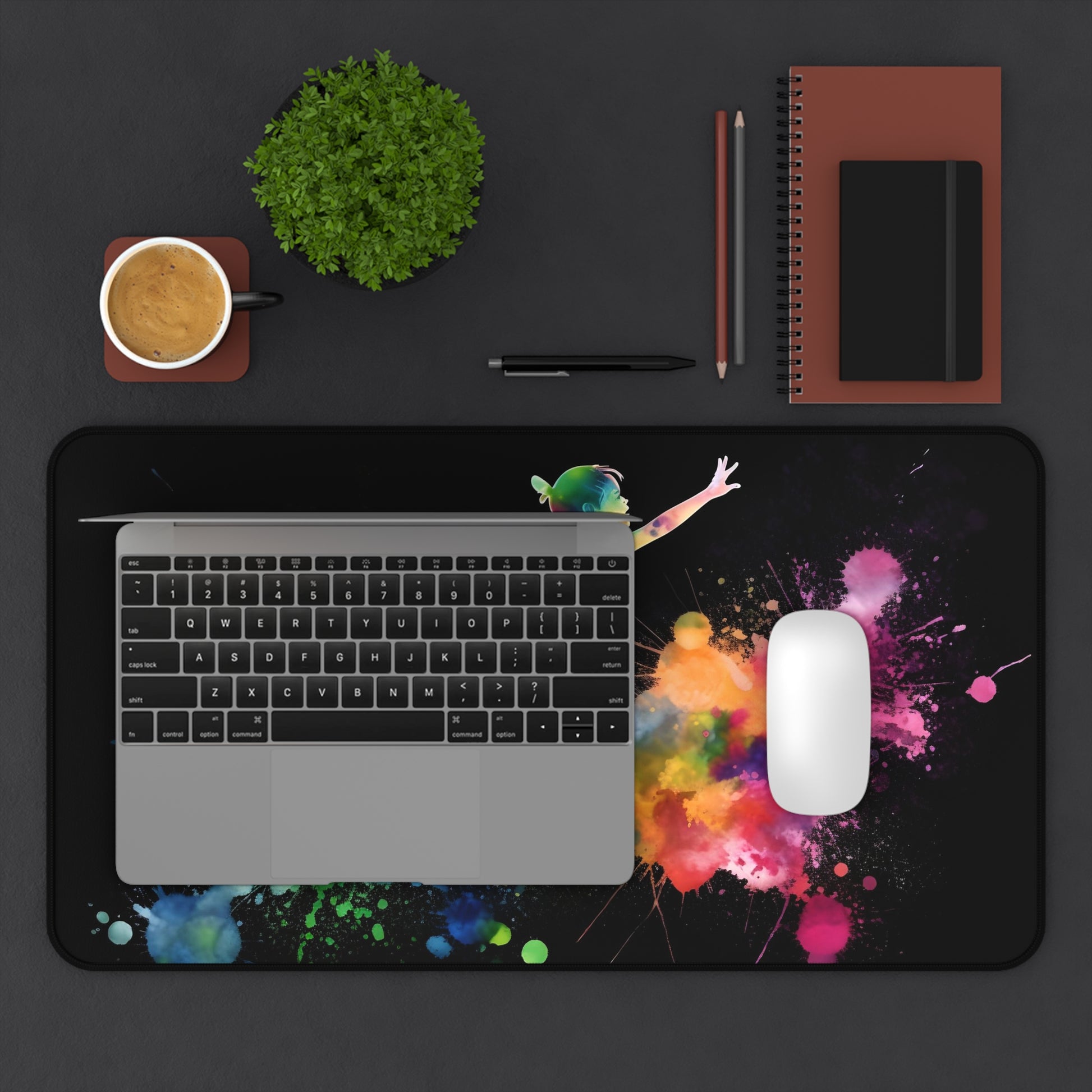 "Peter Pan Neon Desk Mat - vibrant watercolor design, perfect for creative workspaces"