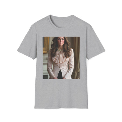 "Royal Tapestry T-shirt inspired by Kate Middleton's enduring legacy, featuring soft brushstrokes and sophisticated color palette. Embrace timeless elegance and inner strength with this captivating tee."