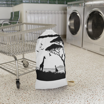 Eco-friendly laundry bag with wildlife silhouette design, perfect for stylish laundry transport.