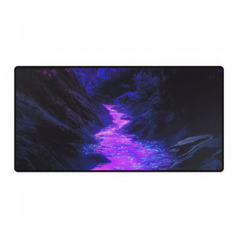 Neon River Flowing Through Chrome Valley — XL & XXL Desk Mat — Full Top-Down Artwork View