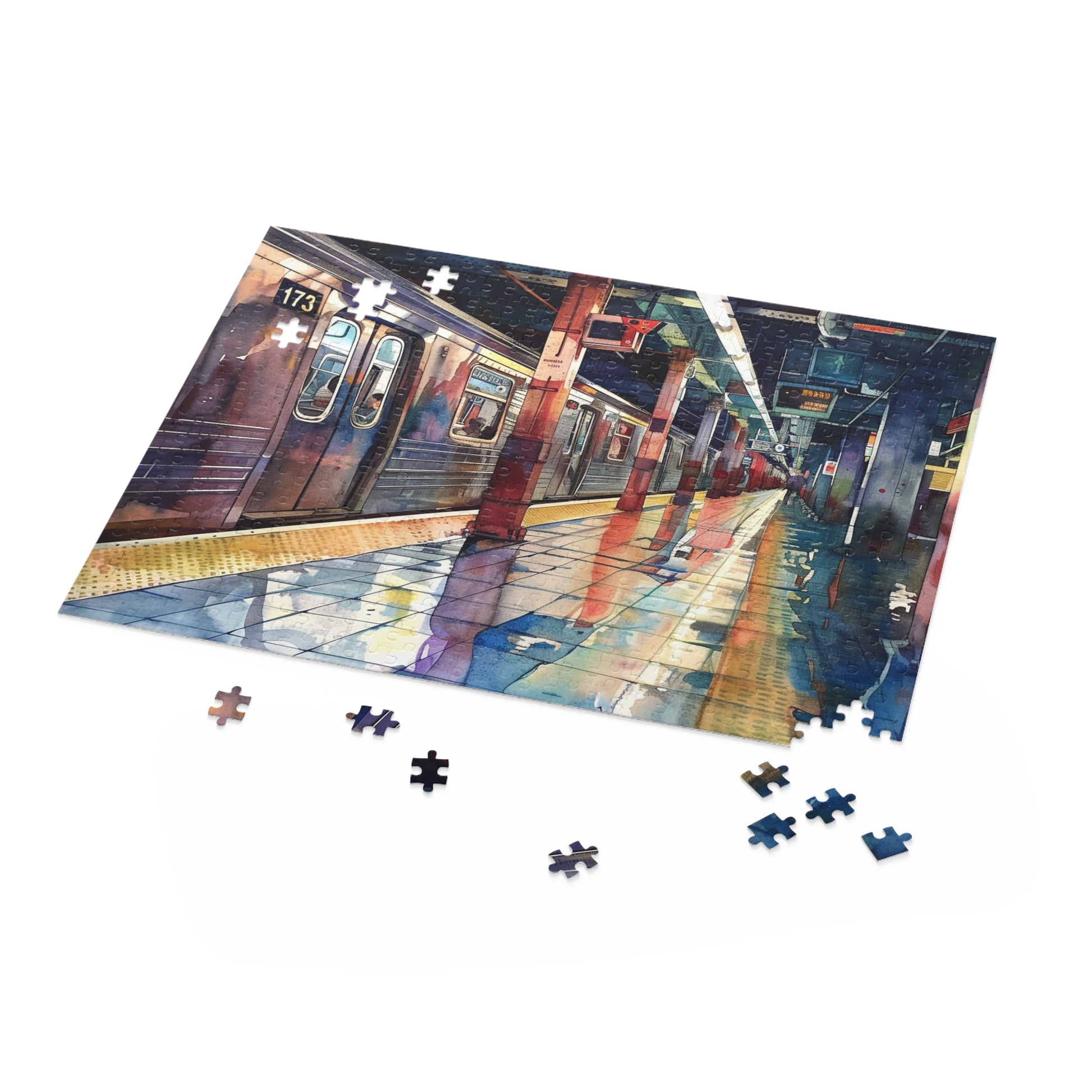 Vibrant NYC Subway Watercolor Jigsaw Puzzle - immerse yourself in iconic transportation system hustle and bustle.