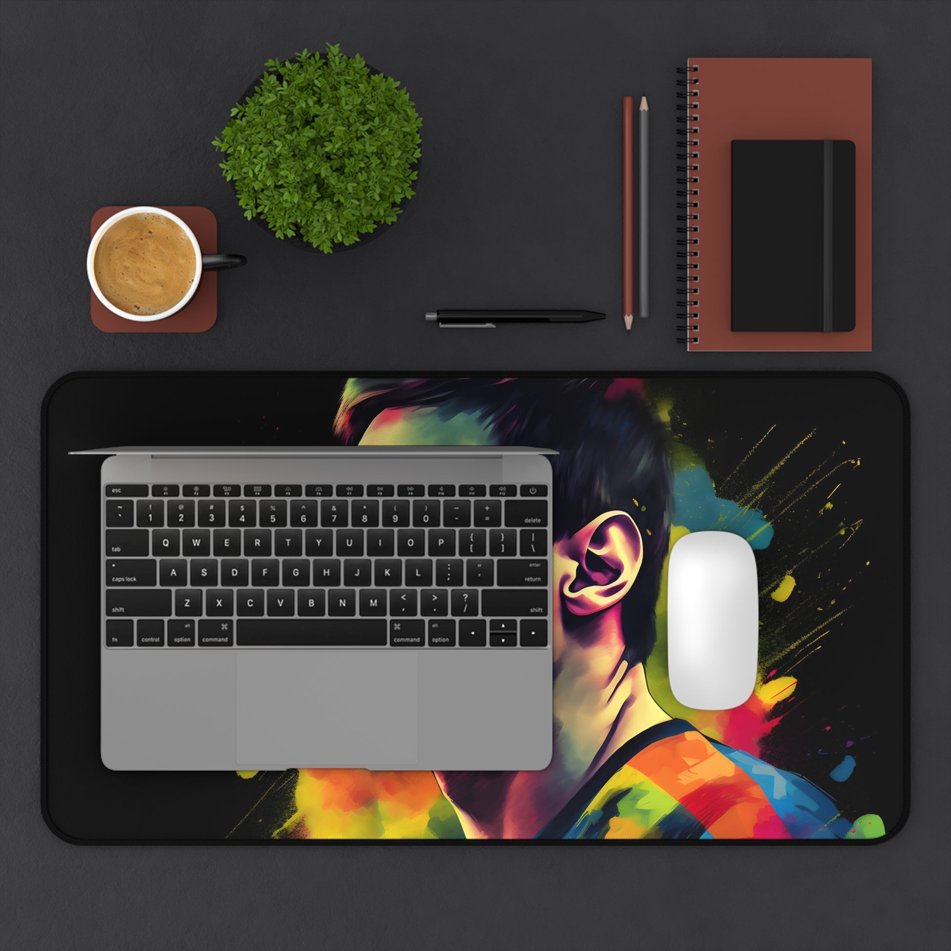 "Vibrant Messi watercolor neon desk mat for a pop of color in workspace"