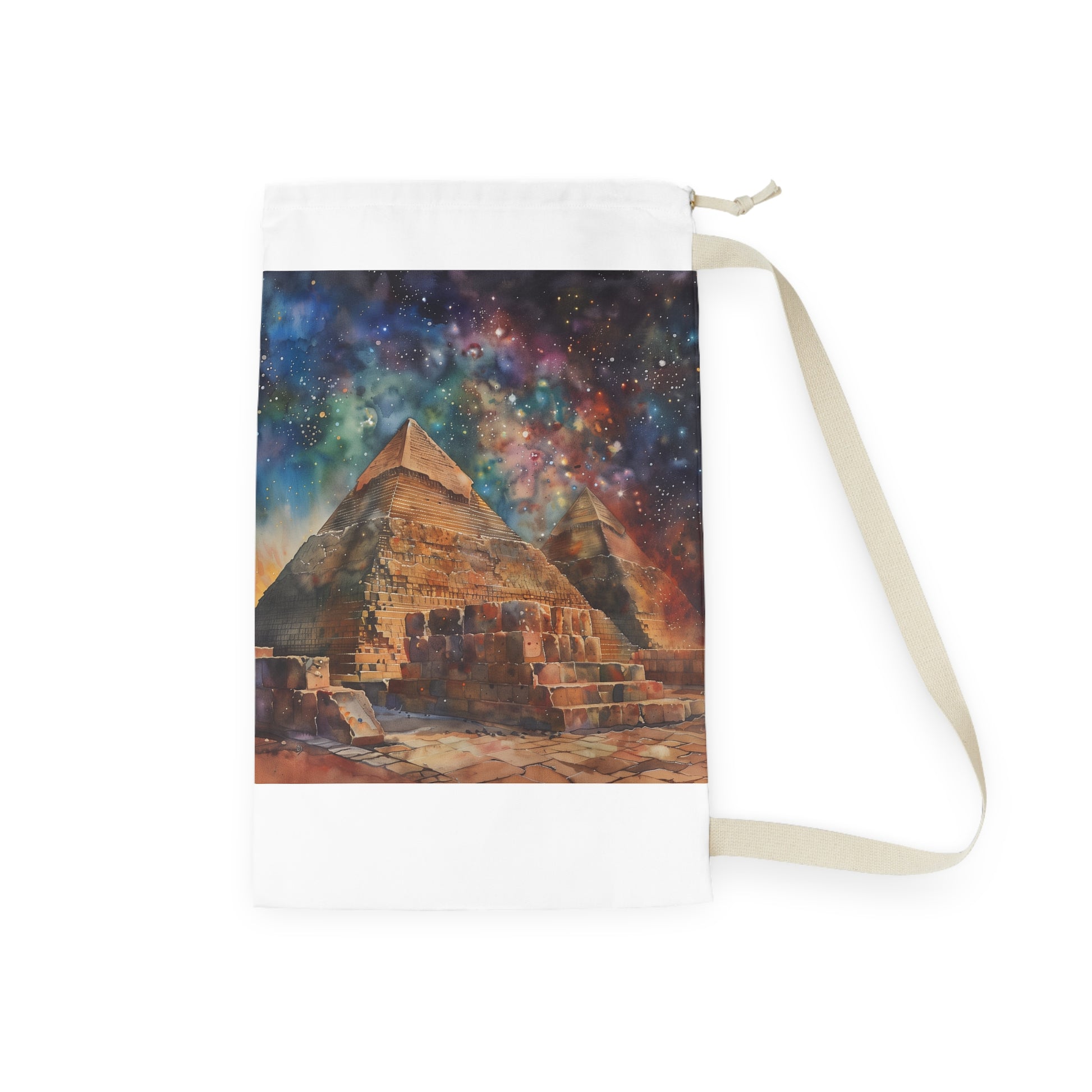 "Pyramid watercolor laundry bag with iconic ancient Egypt design, perfect for adding culture to your home décor"