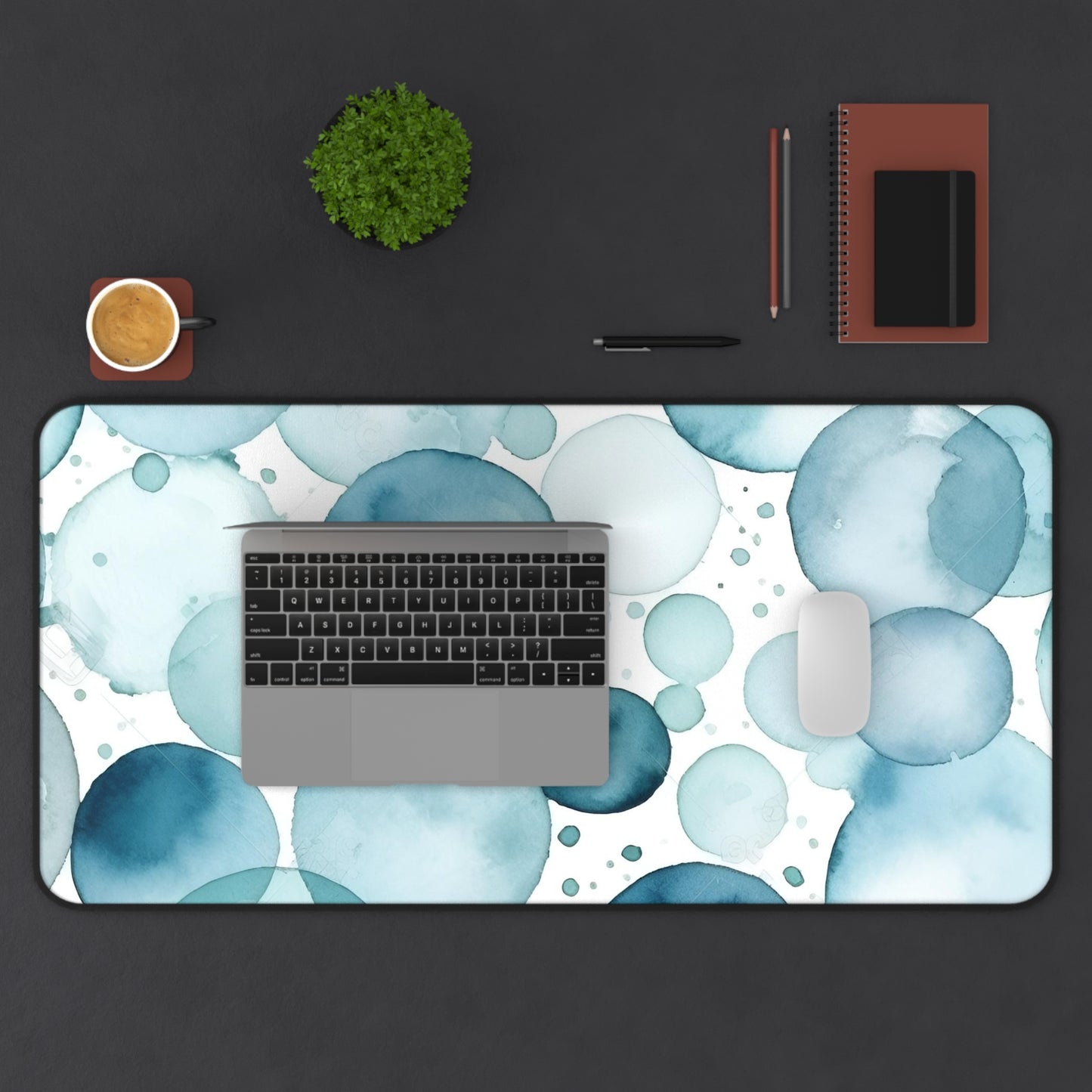 "EyeTide Desk Mat with mesmerizing eyes pattern in ice blue water colors"