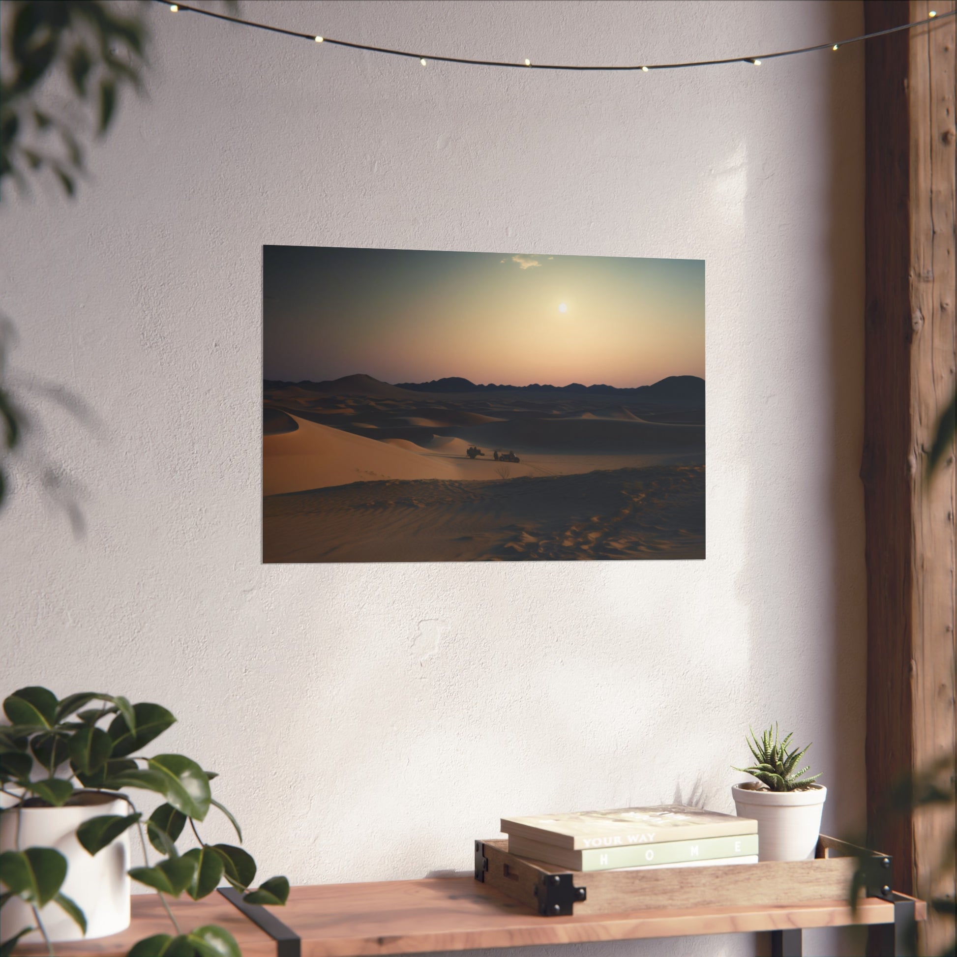 creating an enchanting scene that transports you to a realm of tranquility. Let the serenity of this desert oasis soothe your soul and bring a touch of cosmic wonder to your living space. This poster is made with high-quality material