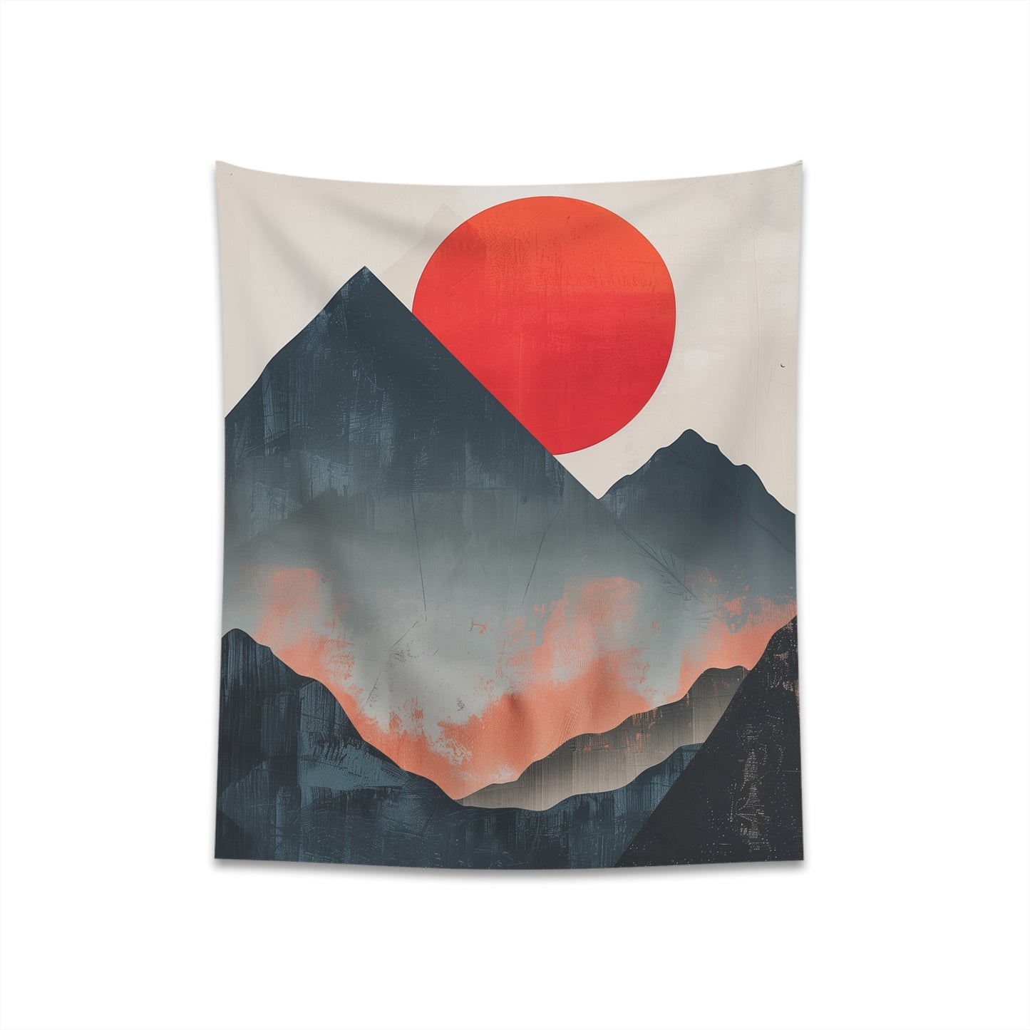 "Sunrise Majesty Mountain Tapestry - Serene minimalist design in warm hues. High-quality & stylish decor perfect for all seasons. Makes a great gift. Available in 34" x 40" and 57" x 57" sizes."