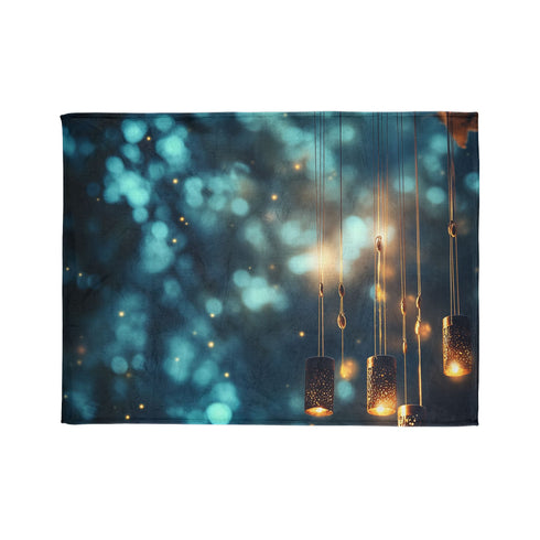 Mystical Wind Chimes Glowing in Night — Plush Fleece Throw Blanket — 300 GSM Plush Coral Fleece Texture Close-Up