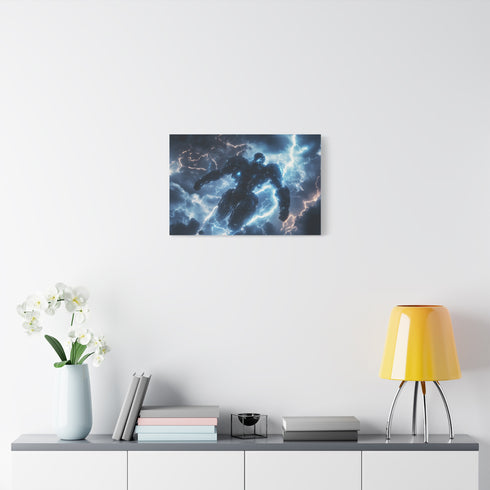 Mech Warrior under Lightning Storm — Canvas Wall Art — Kiln-Dried Pine Frame & Ready-to-Hang Back View