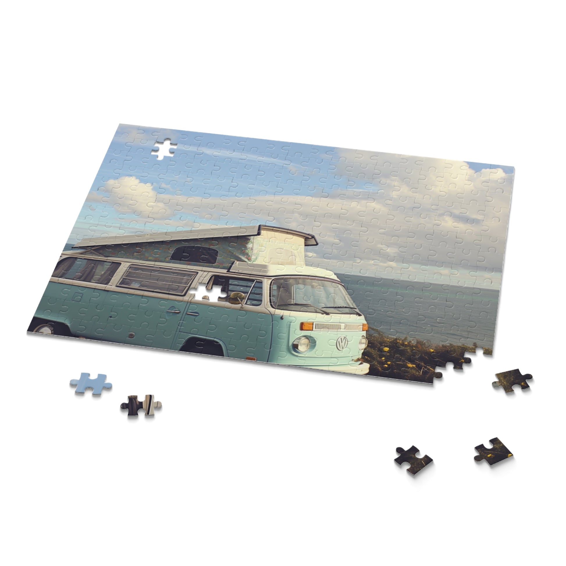 Blue Seaside Camper Van Puzzle - Vibrant seaside scene with retro van design, perfect for vintage and beach lovers. Engaging 500-piece jigsaw puzzle.