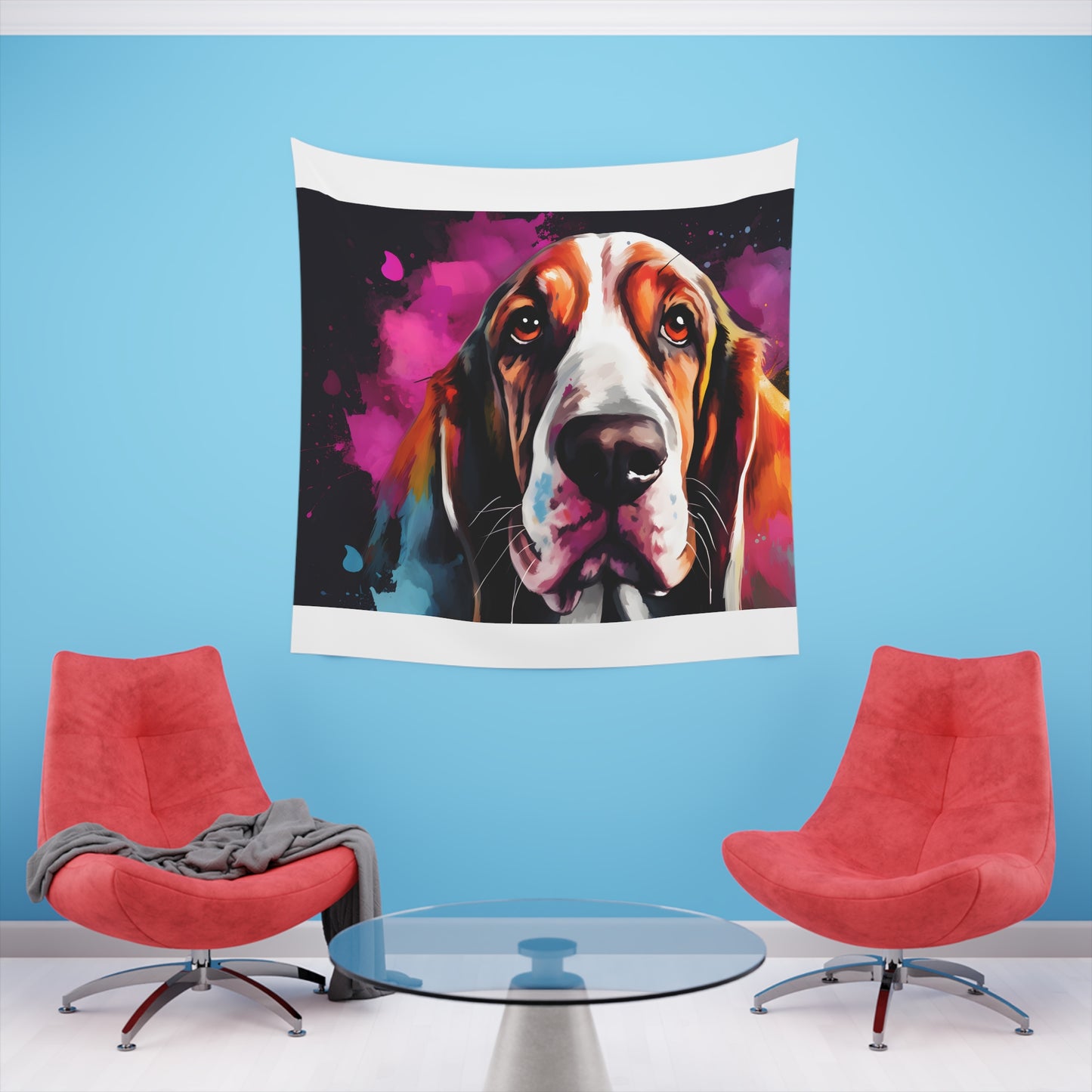 Basset Hound Bliss: A Tapestry of Long Ears and Loyalty | Wall Tapestry | All Over Print, AOP, Decor, Halloween, Home & Living, Home Decor, Indoor, Spring Essentials, Sublimation, Tapestry | Prints with Passion