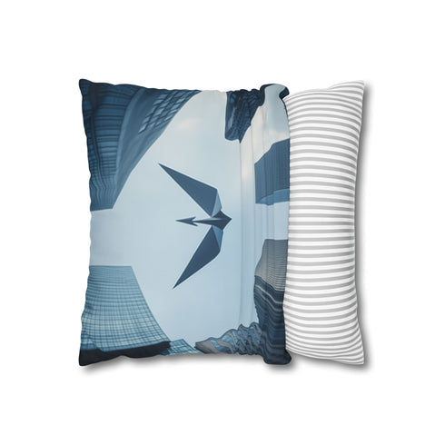 Paper Crane Soaring Above Skyscrapers — 40×40 Cushion Cover — Sofa & Living Room Lifestyle View