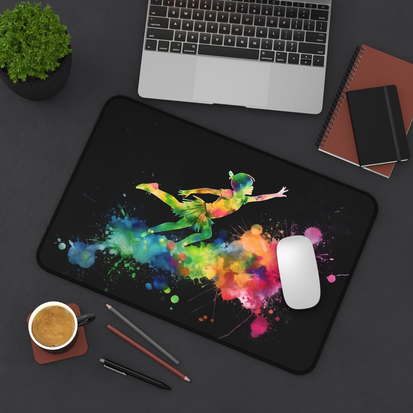 "Peter Pan Neon Desk Mat: Watercolor design with vibrant neon colors to inspire creativity and brighten your workspace"