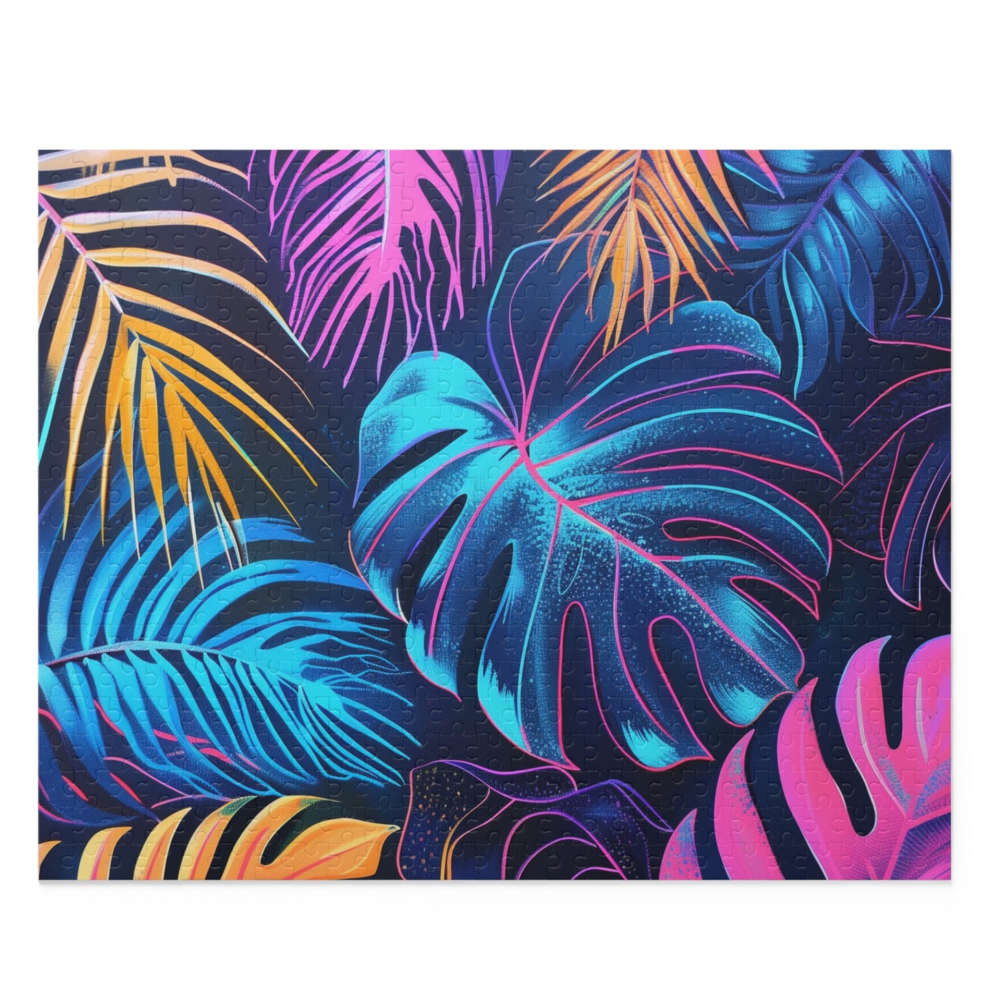 "Neon tropical leaves and palm trees jigsaw puzzle for a relaxing evening at home"