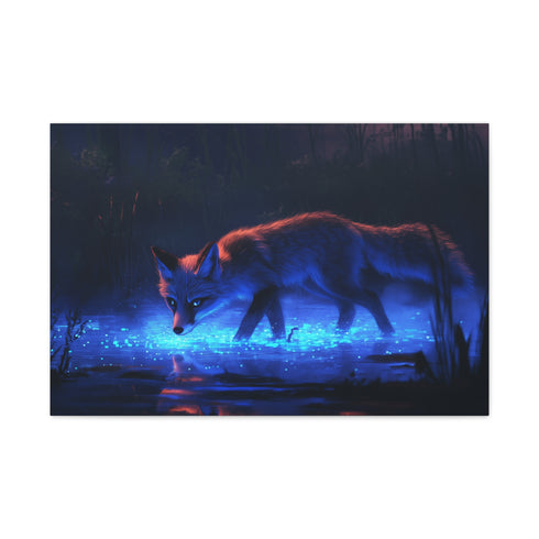 Bioluminescent Fox Walking Through Swamp — Canvas Wall Art — Living Room Wall Lifestyle View