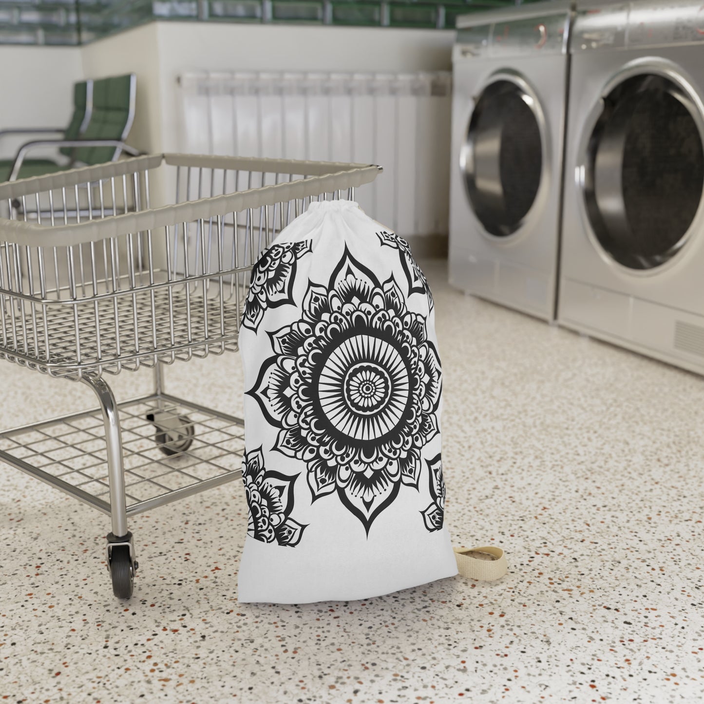 "Zen Mandala laundry bag with calming pattern for tranquil laundry experience"