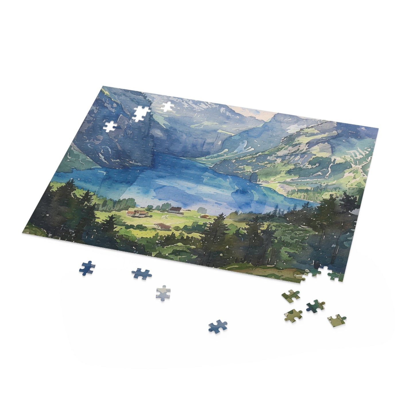 "Serene Swiss Alps watercolor jigsaw puzzle for a relaxing escape"