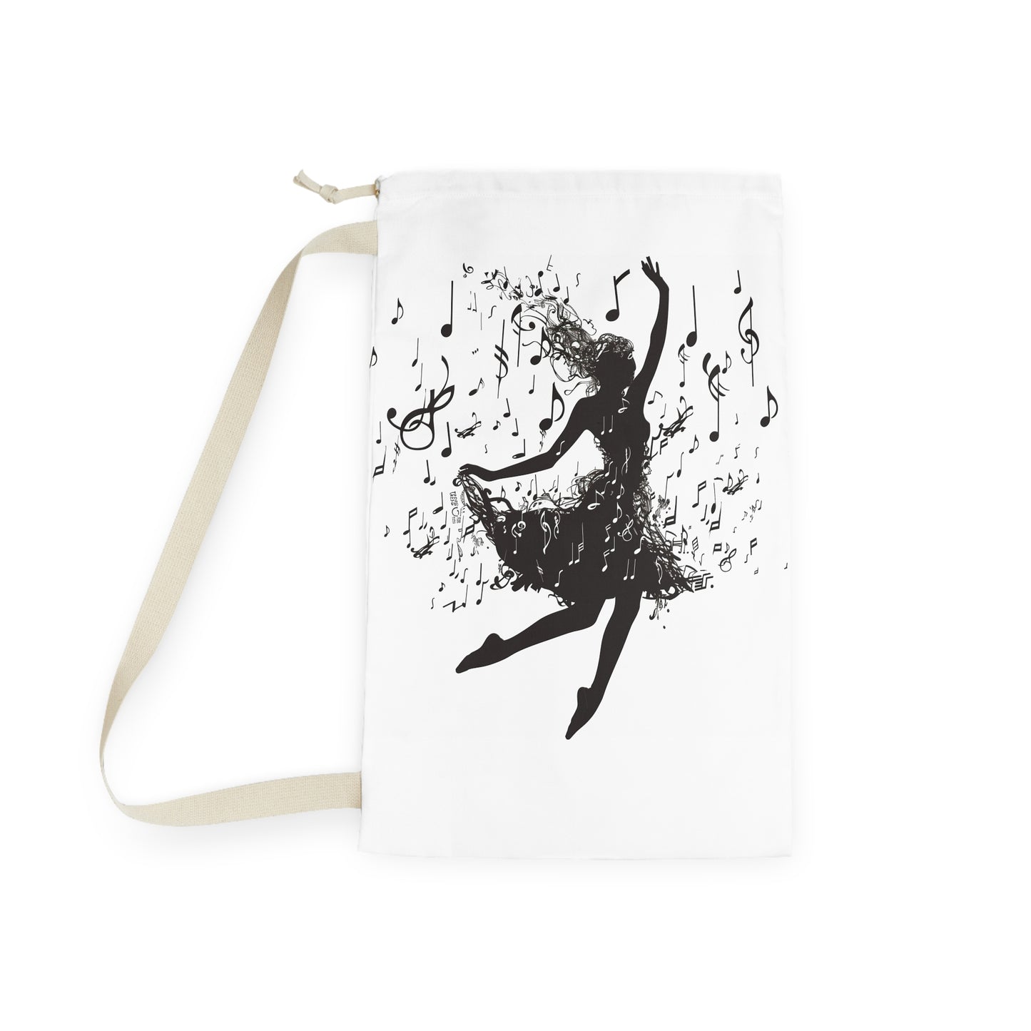 "Black and white dancer silhouette laundry bag with musical notes design, artistic flair for laundry routine"