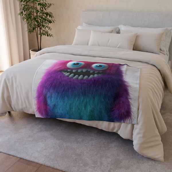 3D Render Cute Monstervivid Color White — Plush Fleece Throw Blanket — Drape over Sofa & Bed Lifestyle View