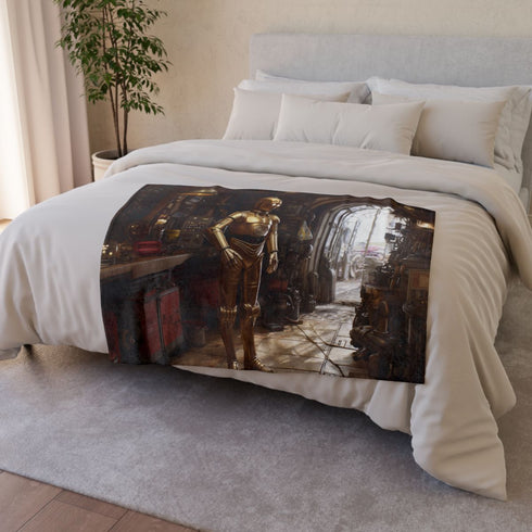 3po Exploring Droid Repair Shop, Ste — Plush Fleece Throw Blanket — Drape over Sofa & Bed Lifestyle View