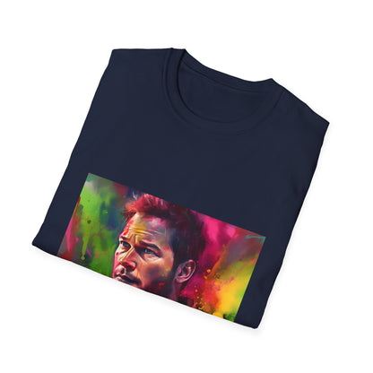 "Chris Pratt Neon Adventure T-Shirt - Vibrant watercolor design featuring "Adventurous Spirit in Neon Hues" title. Perfect for those who embrace life's adventures and stay true to themselves."