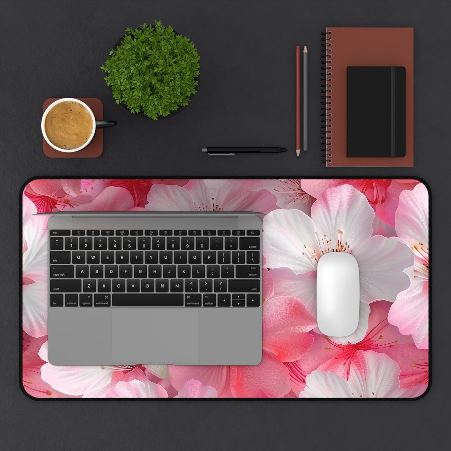 "Cherry Blossom Desk Mat - Elegant pink and white seamless pattern for stylish workspace decor"