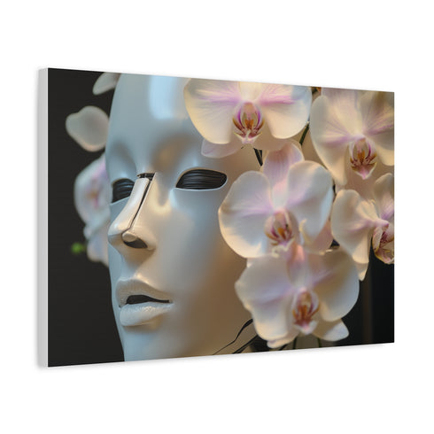 Robot Face Blooming with Orchids — Canvas Wall Art — Side Profile & Stretched Corner Detail